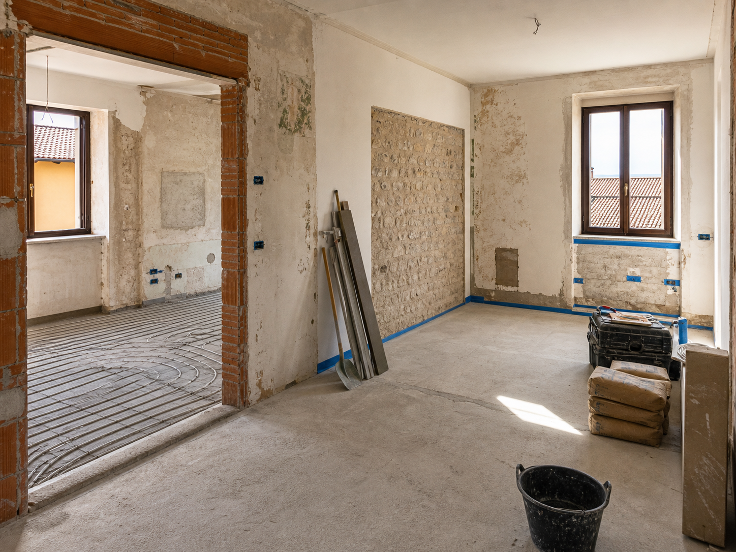 Interno in ristrutturazione con murature e materiali edili ordinati